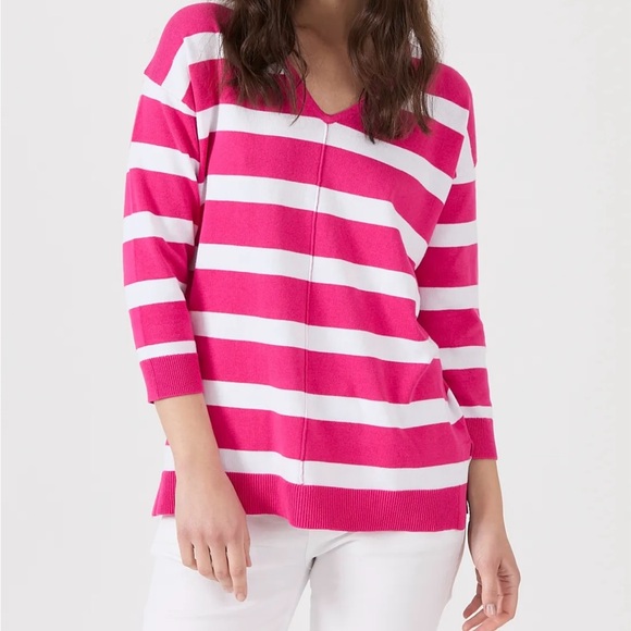 NorthStyle Cotton V-Neck Striped Pullover Sweater,
3/4 Sleeves, Side Slits - Picture 1 of 6
